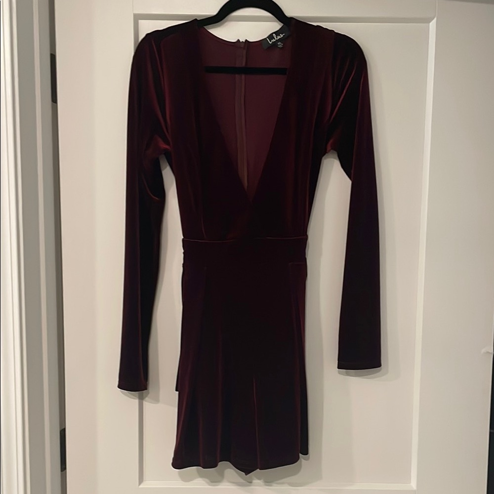 Lulu's Burgundy Plunging Neckline Velvet Romper